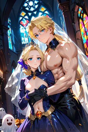 , halloween costume, ghost, high quality,Anime artstyle depiction of a handsome beautiful elegant graceful daintily boyish young male with low-tied blonde long ponytail and parted bangs revealing a pale forehead, gorgeousfull wedding veil, spade queen, stained glass,Broken church, Cemetery, heavy rain, dark clouds, flat chest, large pectorals muscle ,small arms muscle, wedding black dress, 2boys, troubled thick eyebrows,  hugging each other, ,(Shiny skin, Shiny body, shiny oily luster skin, Shiny hair, pale skintone), (parted bangs, forehead),halloween costume,black gloves, navel, ghost,　high quality,  low-tied blonde long ponytail and parted bangs revealing a pale forehead,jewel-like blue eyes,  Anime-style, Rimless Glasses, ,(Depth of field, hdr, 8k wallpaper, cinematic angle, cinematic lighting,:1.1) (masterpiece, best quality:1.45)