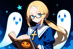 , Best Quality, very detailed beautiful face and eyes, Blonde Low ponytail, Blue eyes, ,(Shiny skin, Shiny body, shiny oily luster skin, Shiny hair, pale skintone), (parted bangs, forehead),halloween costume,black gloves, navel, ghost,　bishop, Priest, wand, book, high quality,  low-tied blonde long ponytail and parted bangs revealing a pale forehead,jewel-like blue eyes,  Anime-style,  androgynous male, Rimless Glasses, 