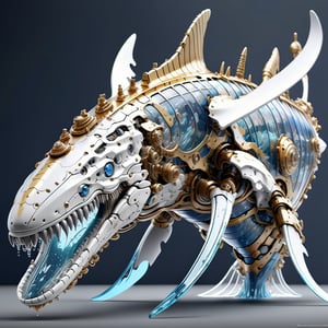 absurdres, highres, ultra detailed, paint splatter, expressive drips, white color,pastel blue color, dynamic texture, bio mechanical cyborg Humpback whale made of (stylish mecha:1.3), (complex mecha parts), (large transparent glass fins:1.3), big mouth