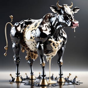 absurdres, highres, ultra detailed, paint splatter, expressive water drips, white color, black drop ink, dynamic texture, bio mechanical cow made of (metal and glass belly:1.3), (complex mecha parts), (A small amount of milk in a transparent glass belly:1.8), (milking cup:1.3)