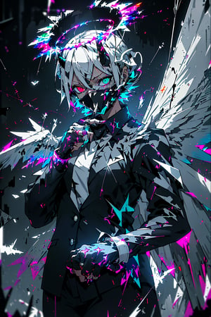 absurdres, highres, ultra detailed, paint splatter, expressive drips, dynamic movement, neon colors, white colors, dynamic texture, sharp teeth, thick eyelashes, (big crack:1.3), (cyber mask:1.2), (glitch noise), (symmetrical wing:1.3), (ring of angel floating above the head:1.5), (devil horns:1.2),  business suit, tie, white shirt