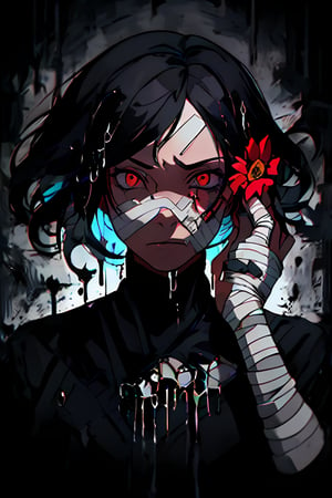 absurdres, highres, ultra detailed, (flower:1.3), crack, (bandage), paint splatter, expressive drips, random patterns, dynamic  movement, bold colors, dynamic texture, sad, face, beautiful eyes, red_eyes 