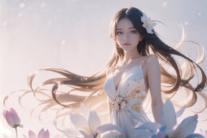 (1girl),
thigh,very long hair,
masterpiece, 
best quality,line drawing , floral, fantasy, white background, HD, anime, watercolor, ink, flowers & blossoms, golden hour, bokeh, ambient environment, epic, 4k, beautiful landscape, centered, full picture,1 girl,Hori,Young beauty spirit ,realhands