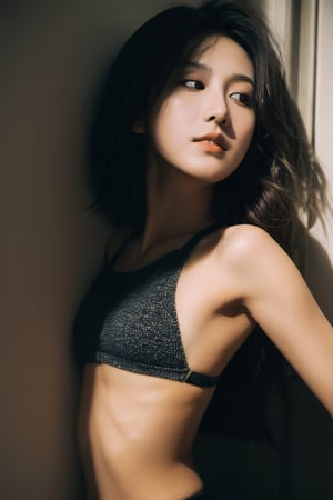 xxmixgirl, (from below:1.4). 27 year old girl, slim waist, tan lines, deep photo, depth of field, Superia 400, shadows, messy hair, perfect face and body, dark, nighttime, dark photo, grainy, seductive smirk, ((eyes closed)), korean girl, 