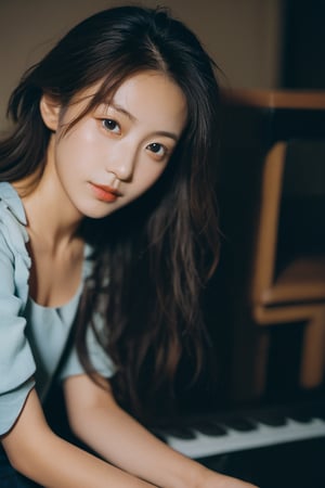 xxmixgirl, (from below:1.4). 27 year old girl, slim waist, tan lines, deep photo, depth of field, Superia 400, shadows, messy hair, perfect face and body, dark, nighttime, dark photo, grainy, seductive smirk, ((eyes closed)), korean girl, 