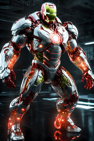 anatomically correct a bio mechanical hulk style ironman ,full length shot, made of White transparent glass , transparent body, (extremely detailed face, full body, look at viewer),carbon fiber texture, carbon fiber, soft bright background, shine, subsurface scattering, transparent, glow, bloom, jellyfish, coral, Bioluminescent liquid, volumetric light, tube, 3d style,cyborg style,Movie Still,Leonardo Style,cyborg,Film Still,Cinematic,mecha