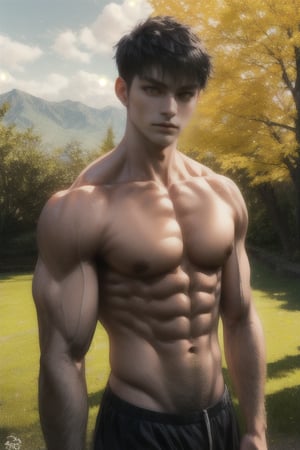 maple trees in the background, sunlight, short black hair, look at camera, serious, adult, muscular, 20 years old ,Kagami Taiga ,  