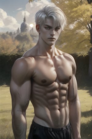 maple trees in the background, sunlight, short white hair, look at camera, serious, adult, muscular, 20 years old ,Kagami Taiga ,  6 years older