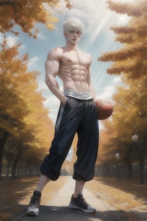 maple trees in the background, sunlight, short white hair, look at camera, serious, adult, muscular, 20 years old ,Kagami Taig,Kagami Taiga 