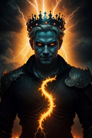 (best quality, UHD, ultra-detailed, masterpiece), (ultra-realistic, photorealistic), A mesmerizing UHD portrait of the imposing Thunder God, his electrifying lightning strikes casting an eerie and vibrant violet and cyan glow across the sky. Rendered with the precision of the Luminous Studio graphics engine and the brilliance of Octane render, the scene is enveloped in a hauntingly dense and eerie cloudy haze. The Thunder God, with a creepy smile on his face, gazes ominously as fiery embers dance around his thunderous crown, and tendrils of eerie smoke snake through the scene, adding an unsettling atmosphere.,Leonardo