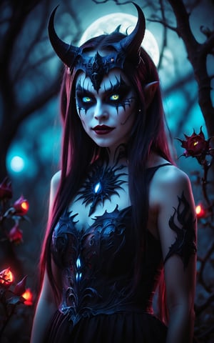 (best quality,8K,highres,masterpiece), ultra-detailed, 1girl with flower crown and icy blue eyes set within a moonlight garden. The scene is characterized by dark shadows and glowing elements, creating a contrast between light and dark. The girl's eyes shimmer with an otherworldly glow, reflecting the moonlight and adding to the ethereal atmosphere of the garden. Bright colors punctuate the scene, drawing attention to the vivid lighting and creating a sense of magic and enchantment. The dark background enhances the contrast, allowing the girl and her surroundings to stand out against the backdrop of the night garden. Feel free to add your own creative touches to further enhance the beauty and mystique of this captivating scene.
