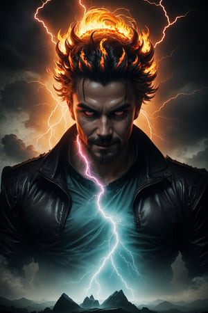 (best quality, UHD, ultra-detailed, masterpiece), (ultra-realistic, photorealistic), A mesmerizing UHD portrait of the imposing Thunder God, his electrifying lightning strikes casting an eerie and vibrant violet and cyan glow across the sky. Rendered with the precision of the Luminous Studio graphics engine and the brilliance of Octane render, the scene is enveloped in a hauntingly dense and eerie cloudy haze. The Thunder God, with a creepy smile on his face, gazes ominously as fiery embers dance around his thunderous crown, and tendrils of eerie smoke snake through the scene, adding an unsettling atmosphere.,Leonardo,Style