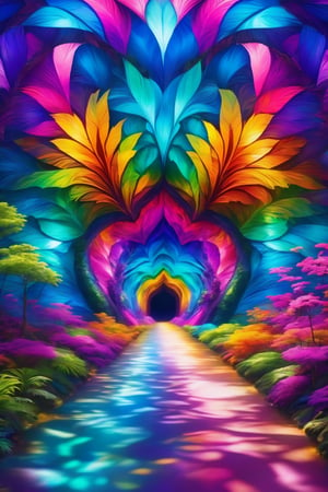 (best quality,8K,highres,masterpiece), ultra-detailed, (colorful, kaleidoscopic) scene in the heart of an untouched primeval forest. A mesmerizing explosion of vivid colors unfolds within a timeless tunnel, forming a breathtaking gateway to another dimension. Nature's palette paints the scene in super vibrant hues, as if the very fabric of the lush surroundings is a tapestry of radiant, pulsating colors that defy the ordinary.