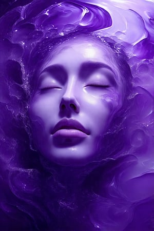 A surreal, purple-toned artwork of an ethereal face with closed eyes and parted lips, seemingly submerged in swirling liquid. The textures blend fluidly around the serene expression, creating an otherworldly effect. Rich hues of violet and lavender intertwine, forming mesmerizing patterns that engulf the subject.