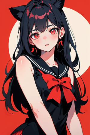 (best quality, 4k, 8k, highres, masterpiece:1.5), ultra-detailed,anime, 1girl,solo,long hair,looking at viewer,blush,bangs,shirt,black hair,bow,jewelry,very long hair,upper body,hair bow,earrings,sleeveless,sailor collar,red bow,black shirt,sleeveless shirt,bell,animal,cat,crescent,red background