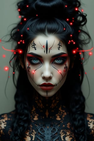 Cyborg style,
A woman with dark black hair and blue eyes painted black and red lines on her face and left the middle of her mouth have two black objects painted to look like a needle. The black paint has designs around the eyes and a line of small red objects that appears to be a long needle that looks like it has been used to sew the woman's hair back. On the black lace that the woman is wearing is a black dress that has red lights shining on the woman. The woman is looking directly at the camera with her lips closed and giving off a mysterious expression. The walls behind the woman are pale grey. 