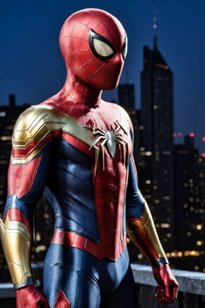 A breathtaking 8K photorealistic concept art masterpiece, (Spiderman adorned in a stunning white and gold armor-style suit, unmasked, with a white cape billowing gracefully:1.3), Set against the backdrop of a highly detailed night cityscape, captured with perfect composition and sharp focus, (A cinematic vision of artistry:1.3), Bathed in soft, natural volumetric lighting, the chiaroscuro effect enhancing the intricate details of the suit, (A true award-winning photograph:1.3), Created in the style reminiscent of the great masters Raphael, Caravaggio, and modern visionaries like Greg Rutkowski, Beeple, Beksinski, and Giger, (A piece trending on ArtStation for its artistic brilliance:1.3), This oil on canvas marvel is a testament to artistic excellence, showcasing Spiderman as you've never seen him before, (An artistic achievement beyond compare:1.3)