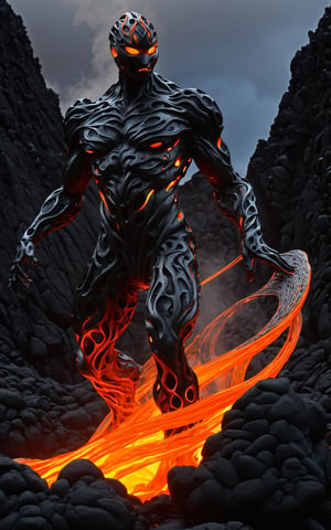 (ultra detailed, 8K, highly detailed, masterpiece, intricate, beautiful), (surreal, fantasy, sculpture, abstract), a stunning sculpture of a humanoid figure made of lava and rock. The figure is in a dynamic pose, with flowing lava-like material creating a sense of motion around it. The contrast between the dark rock and the glowing lava elements creates an ethereal and powerful appearance. The background is dark, which emphasizes the bright, molten features and gives the sculpture an otherworldly and captivating presence.