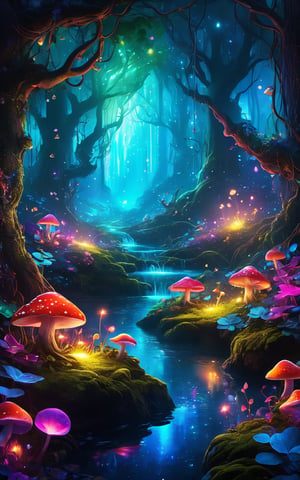 (best quality,8K,highres,masterpiece), ultra-detailed, (enchanted forest with glowing flora), depiction of an enchanted forest filled with bioluminescent plants and magical creatures. The forest is bathed in a soft, otherworldly glow, with vibrant colors and intricate details. The trees are tall and ancient, their branches adorned with glowing flowers and vines. The ground is covered with luminous mushrooms and sparkling streams. The overall composition creates a mystical and serene atmosphere, inviting viewers to explore the magical world within.