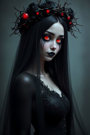 A dark, gothic portrait of a mysterious woman with pale skin and glowing, fiery red eyes. She wears a long, flowing black veil that drapes over her shoulders and covers part of her intricate, lace gothic dress. Her makeup is dramatic with black, smeared eyeliner extending from her eyes, creating a haunting effect. A black floral crown made of twisted branches and dark roses adorned with small glowing red orbs rests atop her head, enhancing her eerie appearance. Her lips are painted a deep shade of black, and her expression is cold and ethereal. The background is a blurred, muted tone, emphasizing the supernatural aura of the subject.