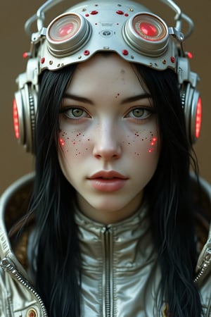 Cyborg style,
A woman is wearing a helmet with headphones on her head. The headphones are silver and have red lights on them. The face of the woman is white and has red dots on it. There are goggles on top of the head of the helmet. The woman has long black hair that is tied up in a ponytail. There is a silver jacket on the woman's neck.