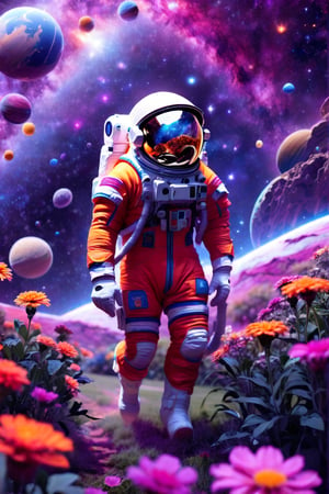 an astronaut in an orange space suit is walking through a field of flowers with planets and stars behind him,outer space