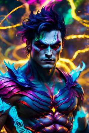 (best quality,8K,highres,masterpiece), ultra-detailed, (photorealistic, anime-style), illustration painting of a luminous and enchanting bad guy, undead/human-like creature with vibrant and colorful dark hair. The character strikes a dynamic pose in a fantastical realm environment filled with vivid hues and vibrant colors, illuminated by fantastical light particles. The mid shot composition and rule of thirds depth of field showcase intricate details, emphasizing the creature's grandeur and awe. The scene is cinematic, featuring double exposure effects and strong outlines, creating a stunning visual masterpiece bursting with lively and energetic colors.