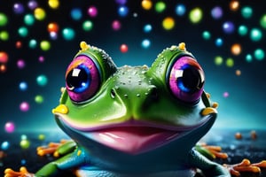 silly, frog, wallpaper, portrait, (best quality, 4k, 8k, highres, masterpiece:1.2), ultra-detailed, (realistic, photorealistic, photo-realistic:1.37), colorful, playful lighting, detailed eyes and face, comical expression, dark background, surreal, fun, concept artists