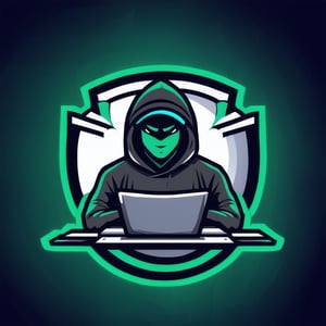 gaming logo design,  an image of a person wearing a hoodie with a laptop in front of them on a dark background