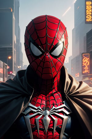 (Breathtaking 8K concept art), (Spiderman in a striking black and red armored suit, unmasked, with a flowing cape:1.3), Set against a detailed night cityscape, captured with cinematic precision, (Enhanced by soft, natural volumetric lighting:1.3), Drawing inspiration from artistic masters like Caravaggio and modern visionaries like Rutkowski and Beeple, (An ArtStation sensation:1.3), This masterpiece showcases Spiderman in a whole new light, (Artistic excellence on display:1.3)