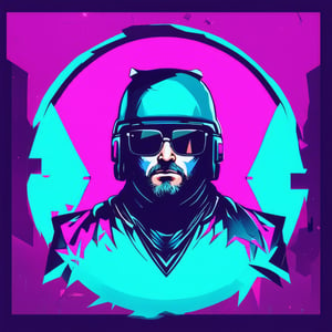 gaming logo design,  the poster for guardians of the galaxy has a man wearing a helmet and glasses in front of a purple and pink background