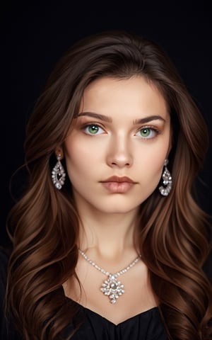 score_9,score_8_up,score_7_up, photorealistic, photography, 1girl,long hair,looking at viewer,brown hair,dress,jewelry,green eyes,earrings,necklace,mole,lips,black background,portrait,realistic