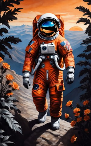 (best quality,highres,masterpiece:1.2),ultra-detailed,An astronaut in an orange astronaut outfit, standing against a sunset background. The astronaut is positioned front facing and is shown from the waist up. The sunset provides a warm and vibrant color palette. The scene is surrounded by lush plants, adding a touch of nature to the composition. The image quality is top-notch and high-resolution, with ultra-detailed features. The style of the artwork is realistic, with vivid colors and professional craftsmanship. The lighting accentuates the astronaut's figure, creating a captivating atmosphere