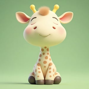 3D cute animal character,
A cute, cartoon-style giraffe sits contentedly against a soft green background. Its body is plump with cream-colored skin and light brown spots. The large, round eyes are closed, and a gentle smile graces its face. Small, curved horns and a fluffy tuft of hair adorn its head. The ears are large and pink inside, contrasting with the giraffe’s bright yellow horns. Its short legs perch on rounded, dark feet. The overall design features smooth textures, creating an endearing, playful appearance.