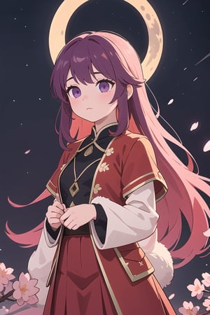 (best quality, 8K, ultra-detailed, masterpiece), (ultra-realistic, photorealistic), A mesmerizing scene featuring a lone girl with enchanting purple eyes, standing against a serene night background. The moon illuminates the surroundings, casting a soft glow on the cherry blossoms in full bloom. The girl is adorned in red fluffy clothes, creating a striking and dreamlike composition.