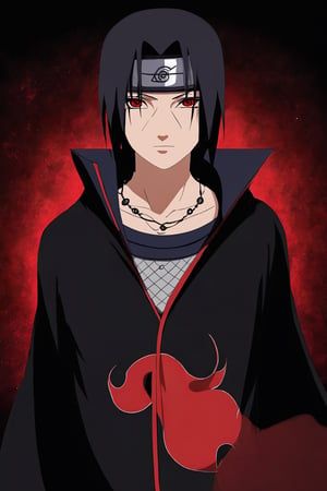 Itachi Uchiha,Sharingan eyes, solo,looking at viewer,simple background,black hair,red eyes,long sleeves,1boy,jewelry,closed mouth,male focus,necklace,black background,yin yang,forehead protector,konohagakure symbol