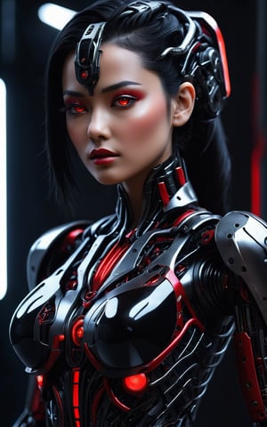 (best quality, 4K, 8K, high-resolution, masterpiece, ultra-detailed, photorealistic), A robotic humanoid female with a sleek, black and red torso, intricate mechanical details, black hair, and deep black eyes. The scene is set against a dark, futuristic background with subtle neon accents. The lighting is dramatic, highlighting the metallic and synthetic textures of her body. Her pose is powerful and elegant, exuding a sense of strength and sophistication. The overall aesthetic is a blend of advanced technology and dark elegance, with a focus on high contrast and photorealistic details.