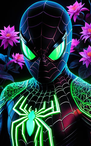 A vibrant and hyper-detailed portrait of a tiny Spider-Man illuminated with neon light. His suit is adorned with intricate, glowing floral patterns and botanical elements. His eyes are glowing neon green, and his web patterns are highlighted with neon light. The background is dark, enhancing the glow of the neon details. The overall style is a fusion of neon art and botanical motifs, creating a mesmerizing and surreal composition. (hyper-detailed, neon light, glowing floral patterns, botanical elements, neon green eyes, neon-highlighted web patterns, dark background, fusion of neon art and botanical motifs, mesmerizing, surreal)