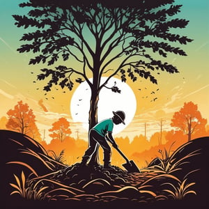 (best quality,8K,highres,masterpiece), ultra-detailed, tree planting, vector illustration, a boy is digging a tree with a shovel in the ground and a sun in the background