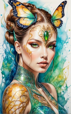 (best quality,8K,highres,masterpiece), ultra-detailed, (portrait of a stunning beauty woman, a beautiful cyborg with brown hair and sharp green eyes), an enchanting portrait capturing the beauty of a cyborg woman with striking brown hair and sharp green eyes. Her features are intricate and elegant, with every detail meticulously rendered to showcase her majestic presence. The portrait is captured through digital photography, allowing for the highest level of detail and realism. Adorning her cyborg form are delicate gold butterfly filigree accents, adding a touch of ethereal beauty to her appearance. Translucent fairy wings extend from her back, hinting at her otherworldly nature and grace. Surrounding her is a shattered glass motif, symbolizing both her fractured humanity and her resilience. This artwork captures the juxtaposition of beauty and technology, inviting the viewer to explore the depths of her character and identity. Feel free to add your own creative touches to enhance the realism and detail of this captivating portrait.
