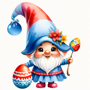 AiArtV,Happy Easter,colorful,easter theme,clipart, a gnome with a red hat and a blue dress next to a colorful egg