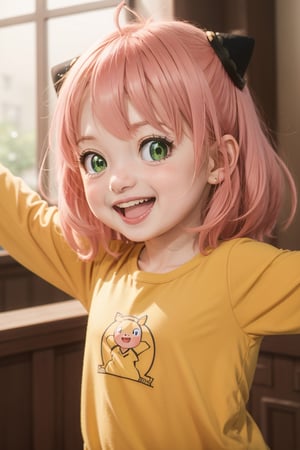 spy x family,  cute tiny, anya forger 1girl, solo, looking at viewer, blush, smile, open mouth, bangs, green eyes, upper body, pink hair, ahoge, :d, teeth, medium hair, upper teeth only, outstretched arms, child, yellow shirt, female child, hairpods, anya (spy x family) spy x family,  cute tiny, anya forger,Epicrealism