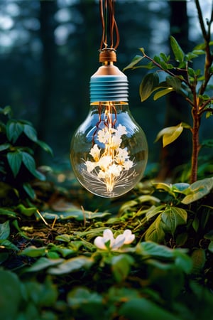 best quality, 4K, 8K, high-resolution, masterpiece, ultra-detailed, photorealistic,  a light bulb filled with flowers in the middle of a dark forest, surrounded by leaves and other plants, flower, blurry, no humans, blurry background, depth of field, white flower, plant, scenery, still life