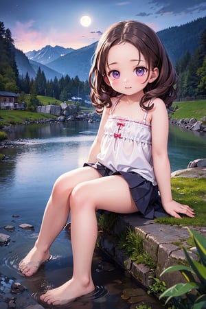(best quality, realistic, HDR), 1girl, child, purple eyes, long and curly brown hair, detailed forehead, wearing a short skirt and a camisole, looking embarrassed, sitting by the riverbank, surrounded by mountains in the background, with the moonlight illuminating the scene