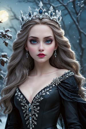 best quality,ultra-detailed,realistic,dark queen,snow,beautiful detailed eyes,long flowing hair,regal crown,dark makeup,pale skin,black dress,gloomy atmosphere,haunting shadows,mysterious,enchanted winter landscape,moonlight,queen's palace,ice crystals,frozen roses,ethereal beauty,cold breath,strong presence,stormy sky,ominous clouds,silent snowfall,glistening snowflakes,icy throne,winter spirit,drama and elegance,gothic art style,subtle color palette,luminous moonlight,soft candlelight,emotive lighting,contrasting highlights and shadows.