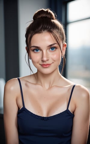 score_9,score_8_up,score_7_up,photorealistic, photography, 1girl,looking at viewer,smile,blue eyes,brown hair,bare shoulders,jewelry,collarbone,upper body,earrings,small breasts,hair bun,mole,lips,blurry background,single hair bun,camisole,freckles,realistic,spaghetti strap
