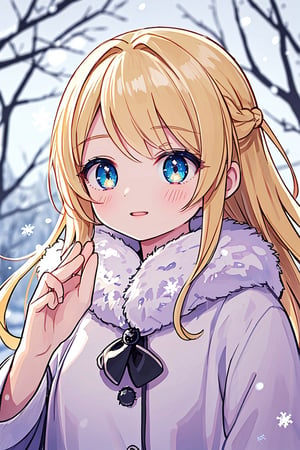 (best quality, 4k, 8k, highres, masterpiece:1.2), ultra-detailed, portrait, beautiful and smiling caucasian woman, cinematic, winter clothes, Ondas e Nuances, detailed symmetric hazel eyes, circular iris, vivid colors, winter scenery, soft snowflakes falling, icy breath, rosy cheeks, pure white background, subtle warm lighting, innocence and radiance, sparkling eyes, joyful expression, luxurious fur trim on the clothing, frosty winter air, subtle wind blowing through her hair, subtle hint of pink in her lips, elegant posture, confident stance, delicate snowflakes decorating her hair, long flowing blonde hair, wonder and serenity in her gaze, captivating beauty, snow-covered trees in the background, peaceful and enchanting winter scene.