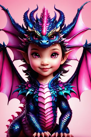 (best quality,8K,highres,masterpiece), ultra-detailed, (super colorful, pink dragon face), depicting the enchanting visage of a baby dragon girl. Her radiant pink scales glisten with vibrancy as she gazes at the viewer with a warm smile. Set against a simple yet striking white background, this illustration focuses on her charming face, showcasing her sparkling black eyes and the magnificent wings and head wings that frame her expression. The dragon's appearance is reminiscent of a delightful creature from the world of Pokémon, harmoniously fused with fantastical elements and a mesmerizing array of vivid pink hues, creating a captivating and stunning masterpiece.