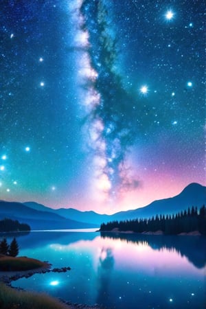 the milky way over a lake and mountains in the night sky, with stars reflecting on the water,outer space