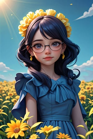 (best quality,portrait,masterpiece:1.2),girl in a blue dress with a hair flower, standing in a vast flower field. The girl is wearing glasses and has beautiful freckles on her face. Above her, the sky is filled with vibrant blue hues, as the sun sets in the distance, casting a warm orange glow. The girl wears delicate earrings that shimmer in the cinematic light.